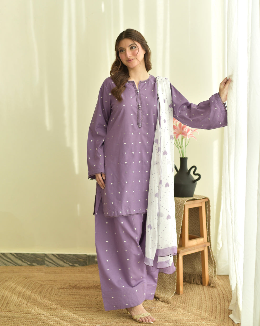 Purple Hearts 3pc Dress(Farshi Shalwar)